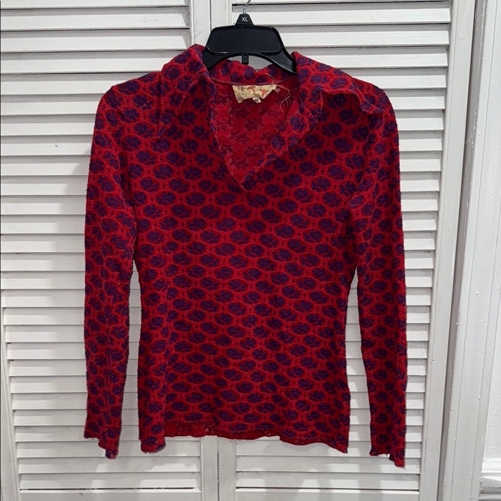 Elegant Red and Blue Floral Long Sleeve Top